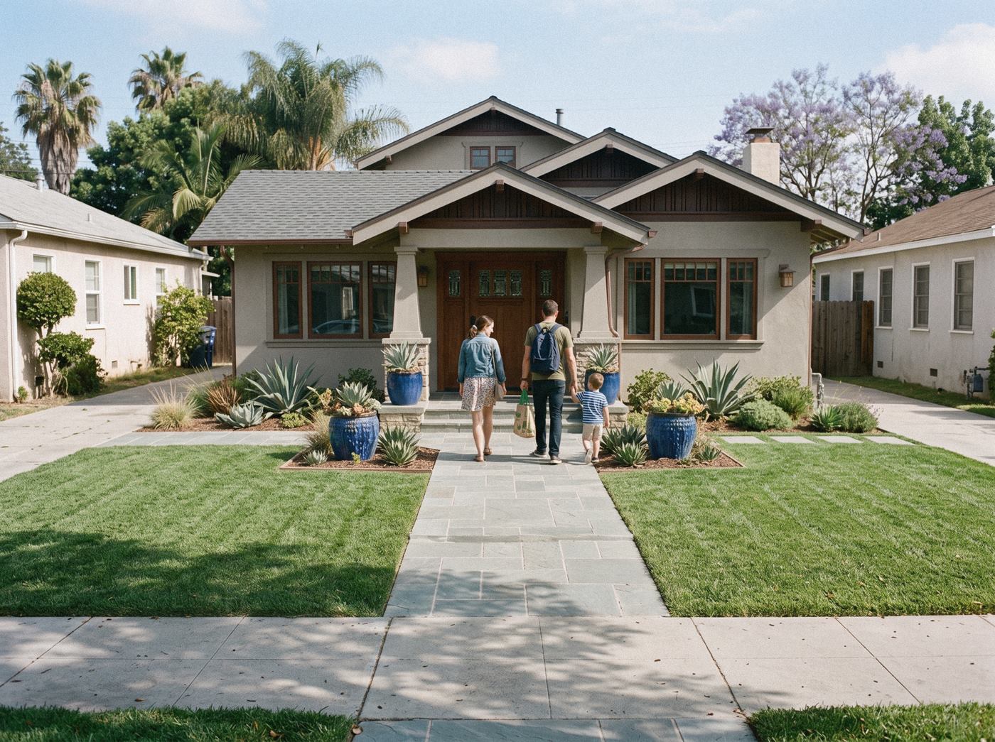 A family with a young child walking up the front path to their new Southern California home